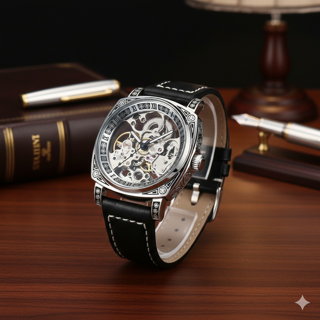 PYNTIME watch dial close-up showing skeleton movement