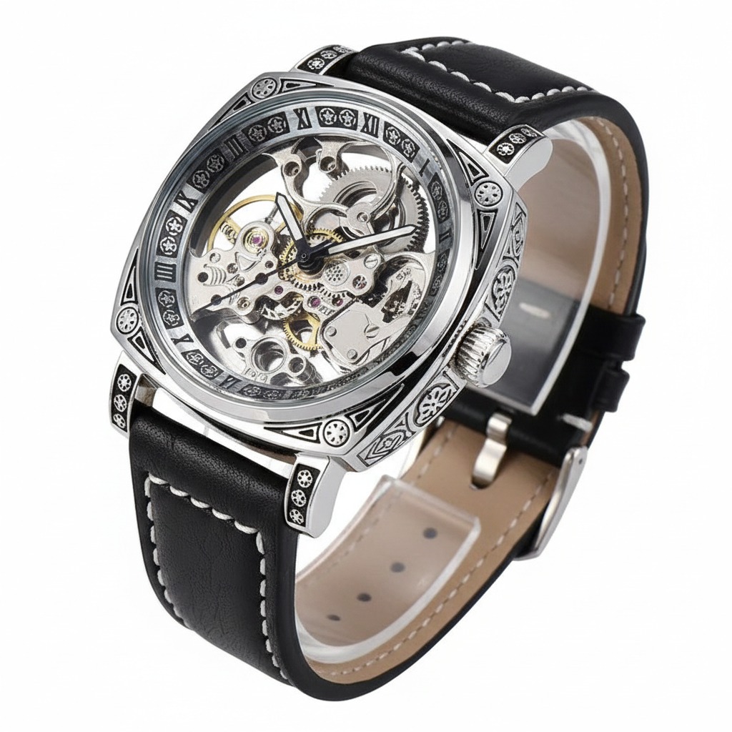 PYNTIME mechanical watch full view with leather strap